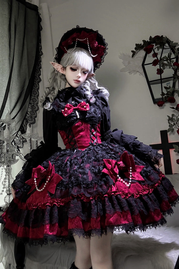 Crimson Ebony Sleeveless Ruffle Bow Lace Corset Gothic Ballet Jumper Dress - Rose Princess