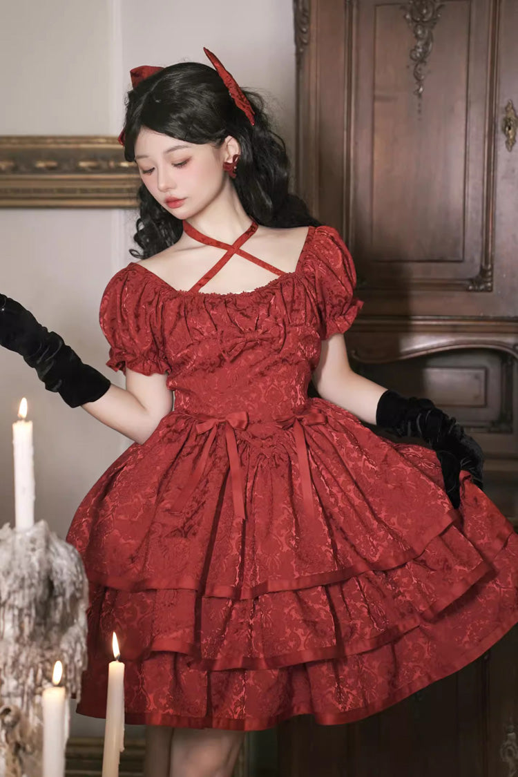 Red Thorn Rose Short Sleeve Multi-Layer Ruffle Bowknot Gothic Dress