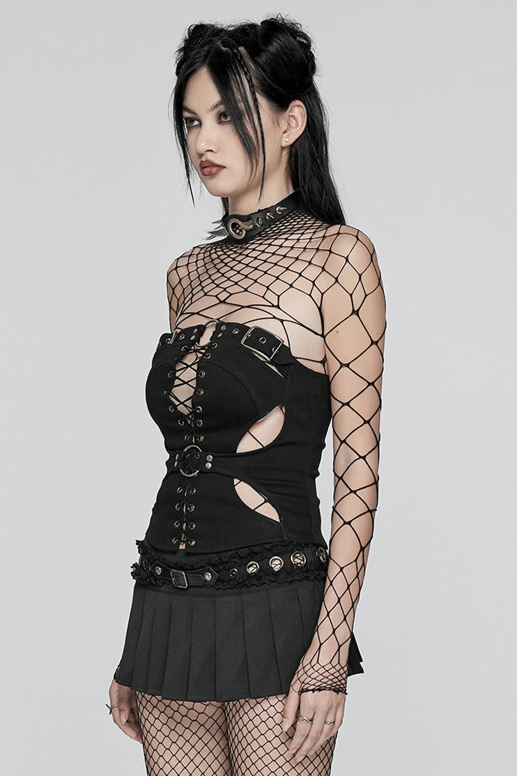 Women's Punk Tube Top with Hollow Lace-Up Ripped Buckle Design