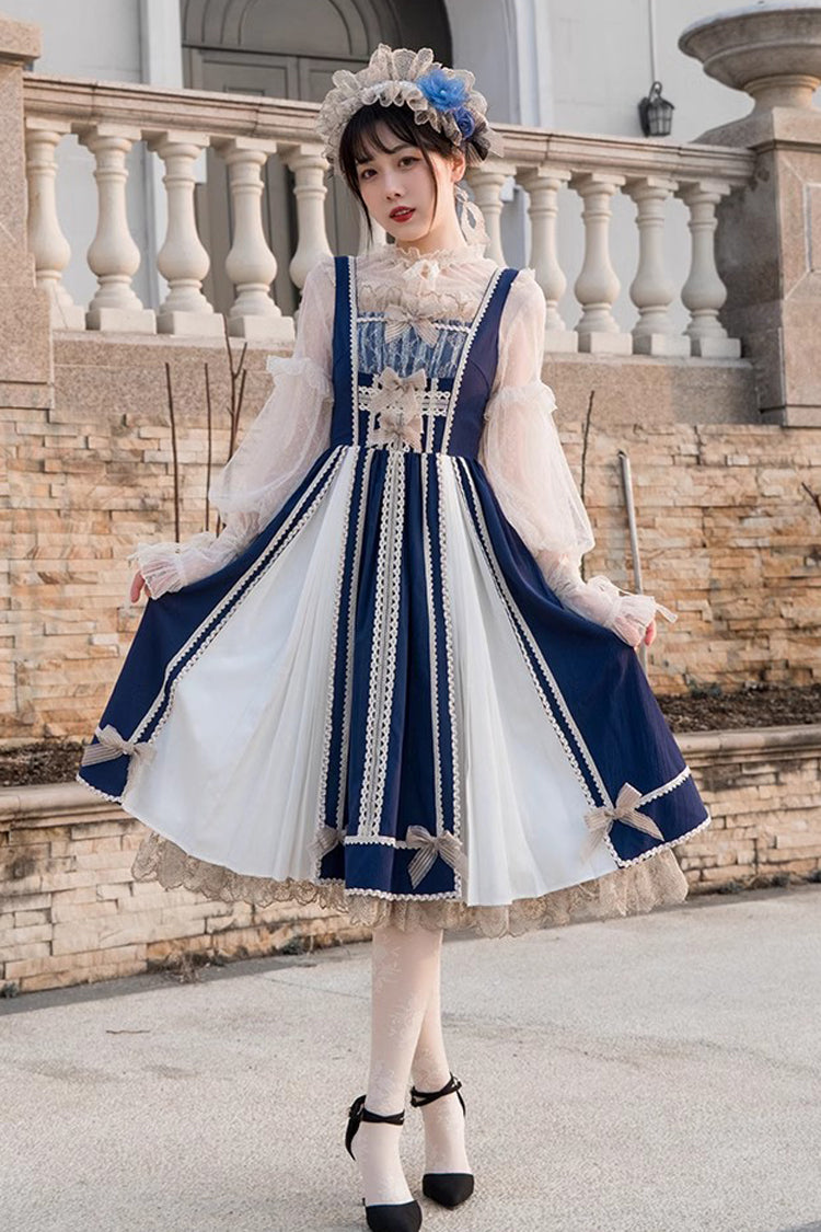 Blue White Color Contrast Sleeveless Classic Dress