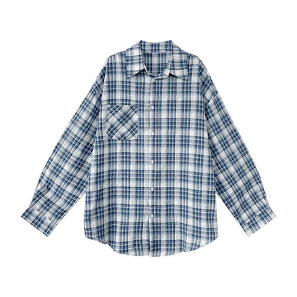 Blue Plaid Print Pocket Long Sleeve Lapel Shirt