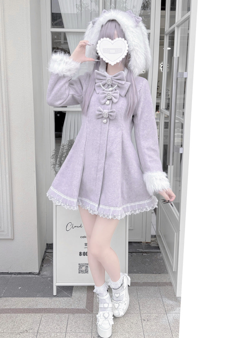 Jirai Kei Coat with Detachable Rabbit Ears Hood, Bowknot, Grey/Purple
