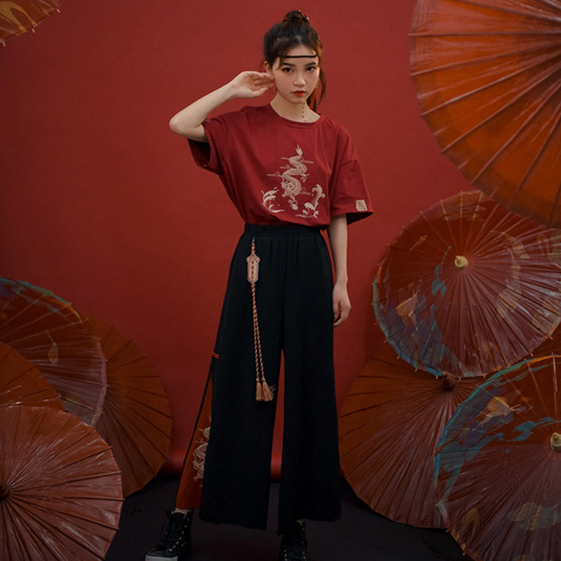 Vintage Dragon Embroidery T-Shirt Tassel Pants Set