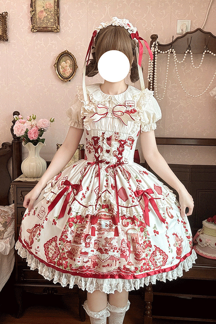 Ivory Scarlet Sleeveless Printed Ruffle Embroidered Bow Lace Sweet Jumper Dress - Strawberry Bear