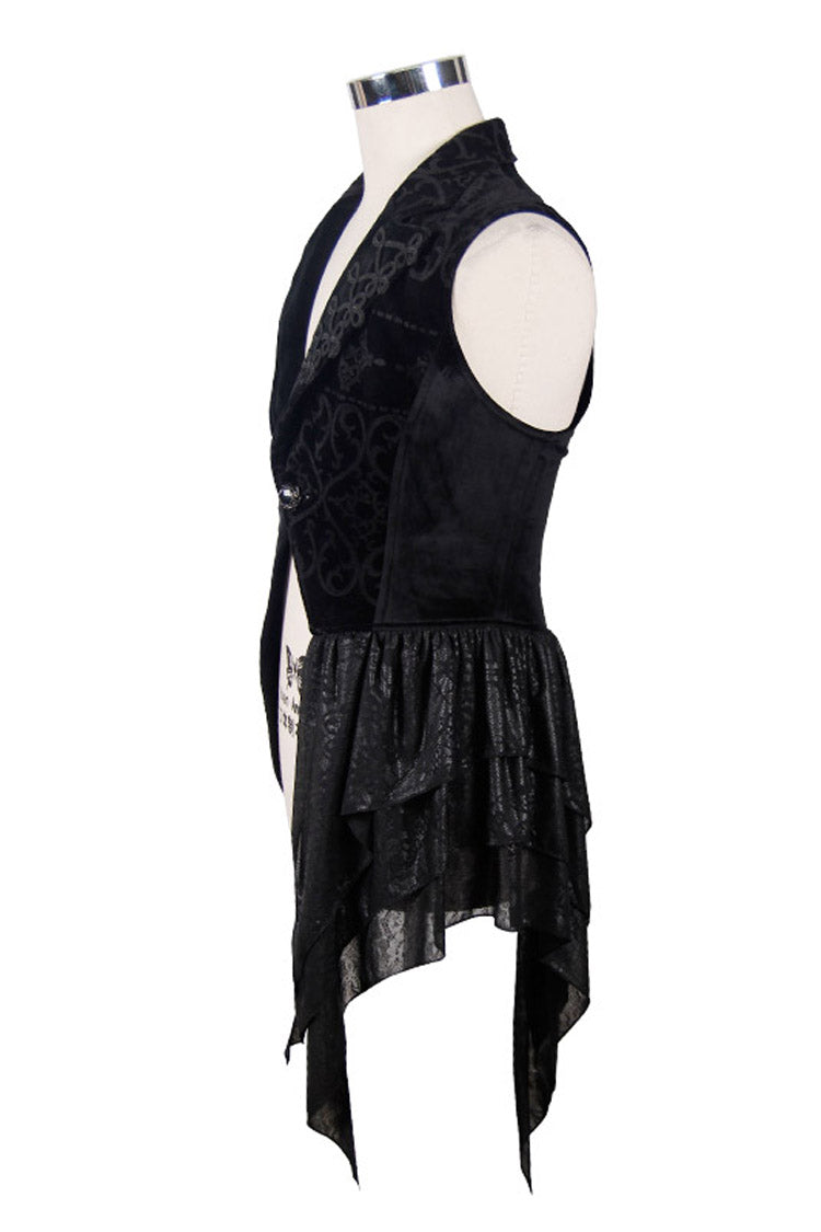 Noir Velvet Gothic Vest with Frog Buttons and Floral Motif