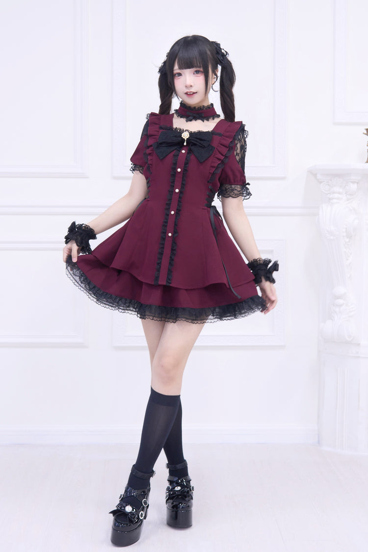 Red Short Sleeve Ruffled Bow Gothic Jirai Kei Dress Set
