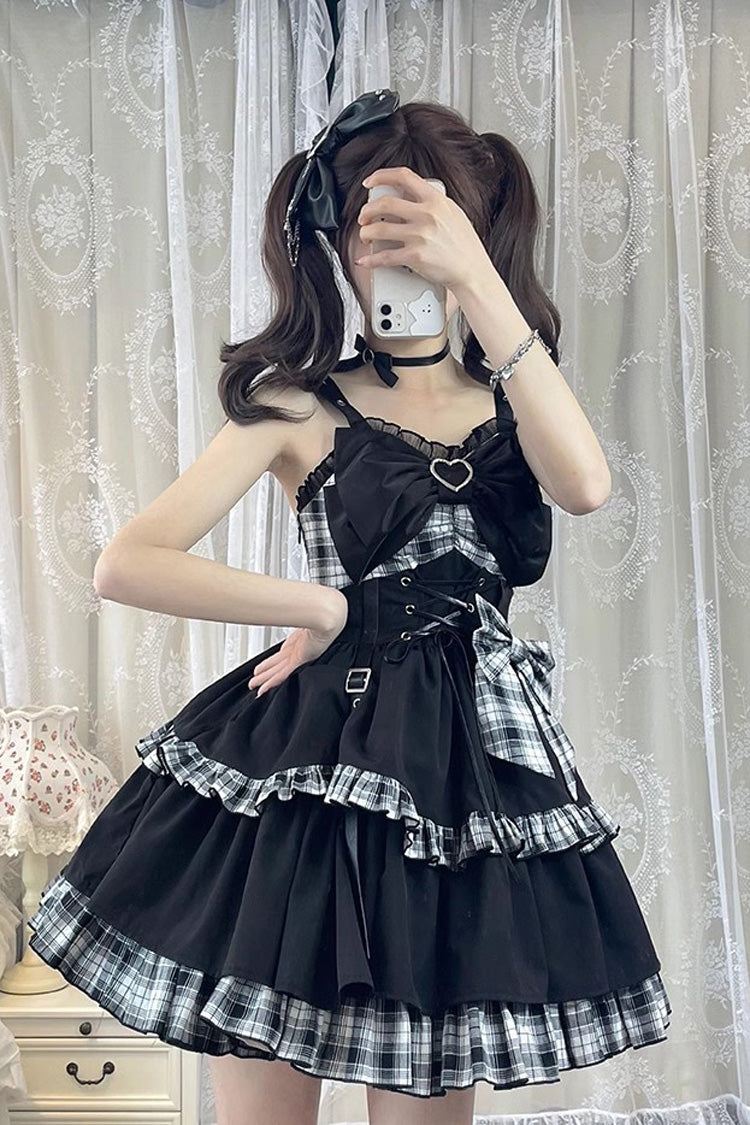 Monochrome Gothic JSK with Plaid, Leather Buckle, and Contrast Ruffles
