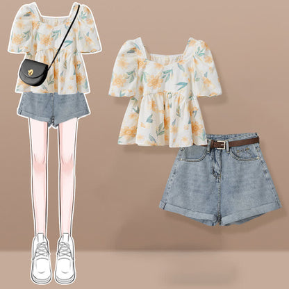 Sweet Floral Print Puff Sleeve T-Shirt Denim Shorts