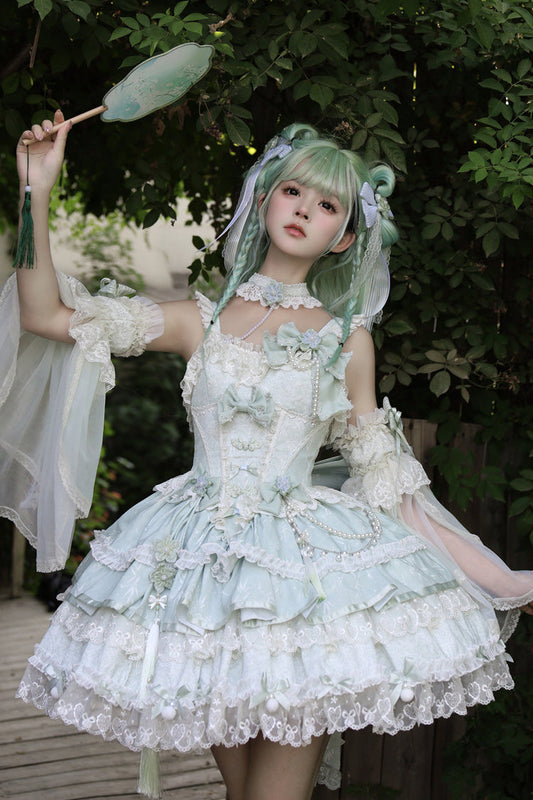 Green [Prelude of Spring Cherry] Square Collar Sleeveless Multi-Layered Jacquard Ruffled Bow Lace Pearl-Decorated Sweet Lolita Jsk Dress