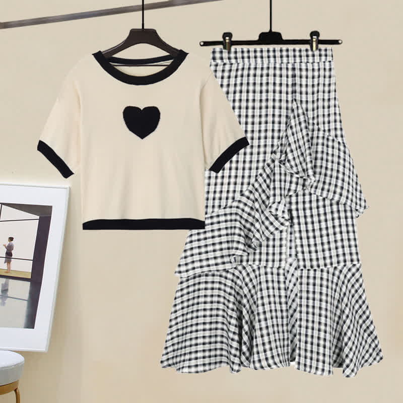 Love Heart Print T-Shirt Lattice Flouncing Split Skirt Set