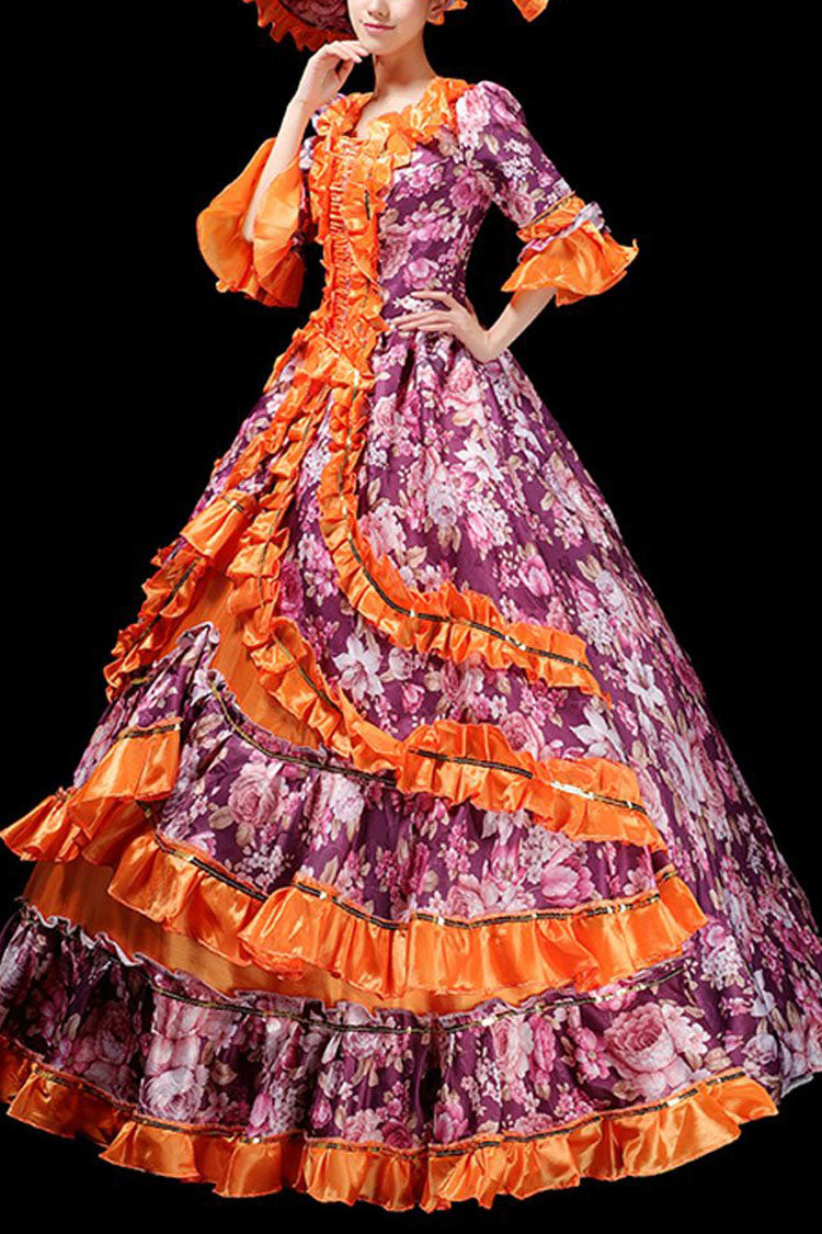 Floral Print Ruffled Multi-Layer Victorian Gown - Half Sleeves