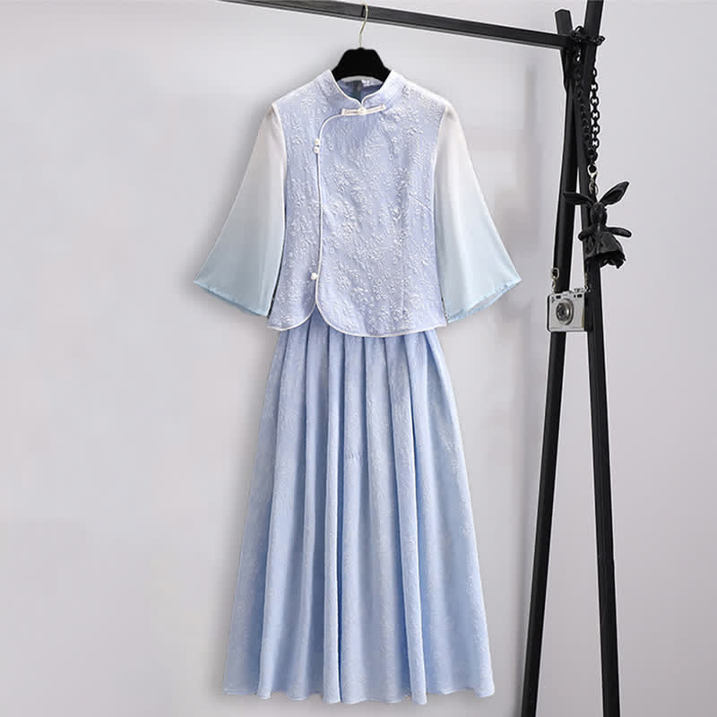 Hanfu Jacquard Buckle Shirt Pleated Skirt