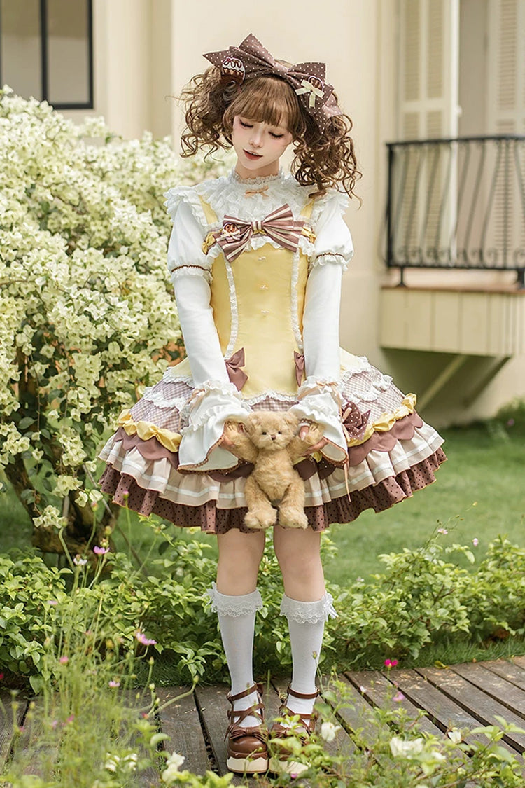 Yellow/Brown [Polka Dot Cake] Multi-Layered Printed Ruffled Bow Sweet Lolita JSK Dress