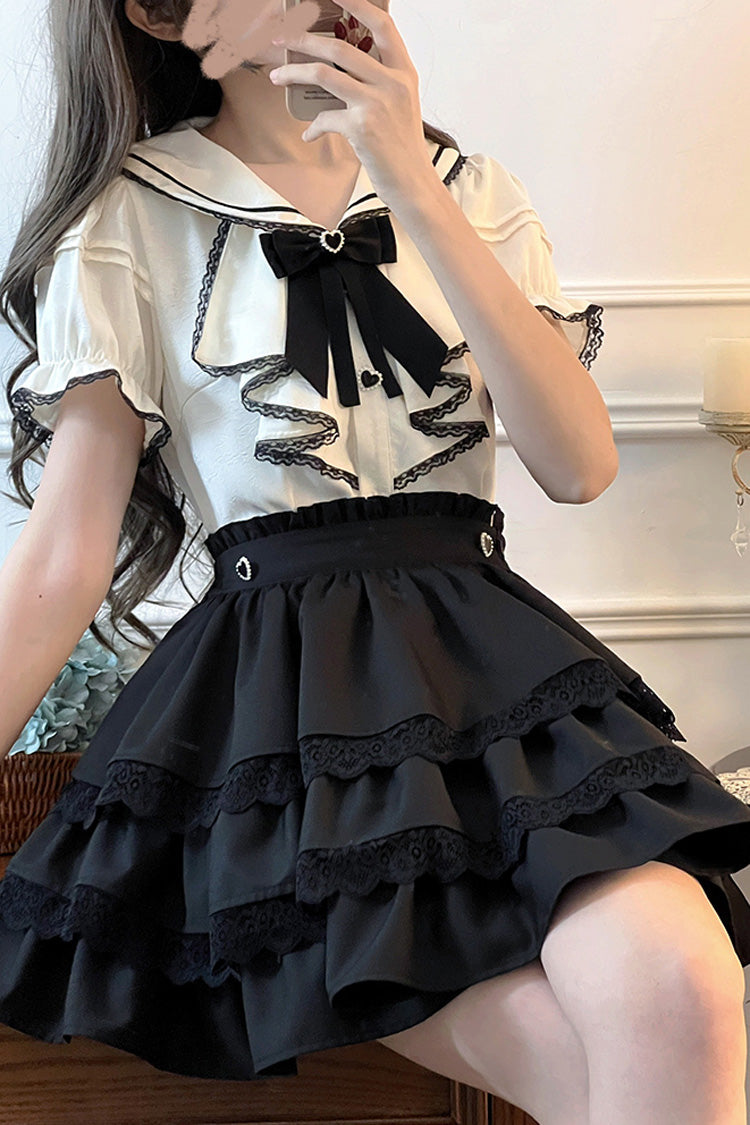 Monochrome Sailor-Collar Jirai Kei Skirt Set with Multi-Layered Ruffles and Bow
