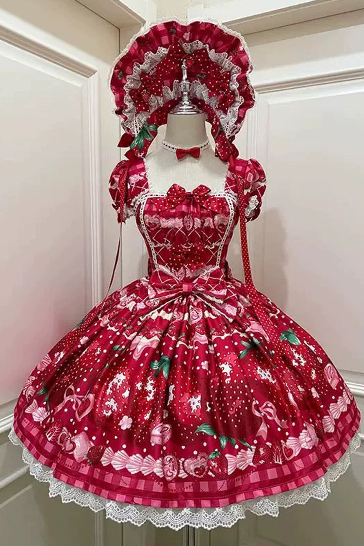 Dream to Strawberry Printed Short Sleeve Ruffle Bow Lace Sweet Lolita OP Dress in Four Colors