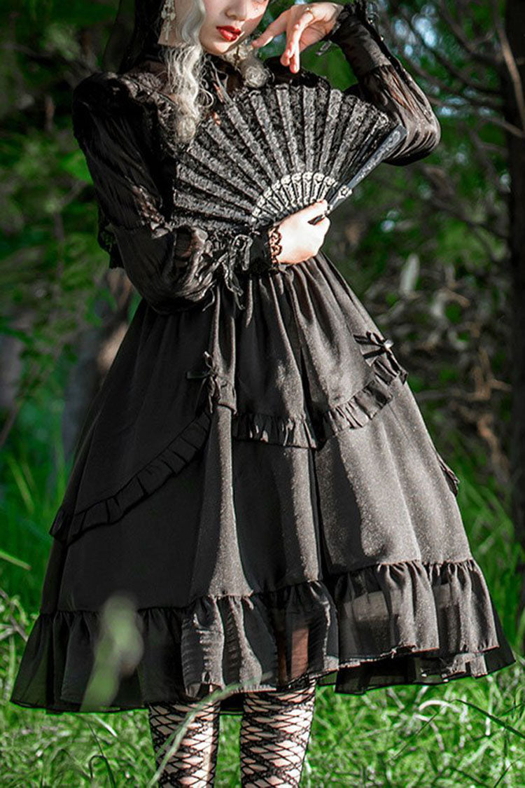 Gothic Lolita Dress with Hollow V Neck Long Sleeves Bowknot Hanayome Ruffled Design