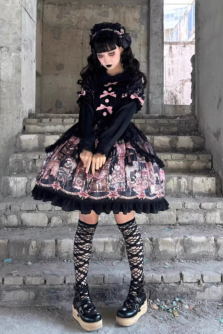 Ruffled Lace Dress with Bowknot and Missing Lamb Print