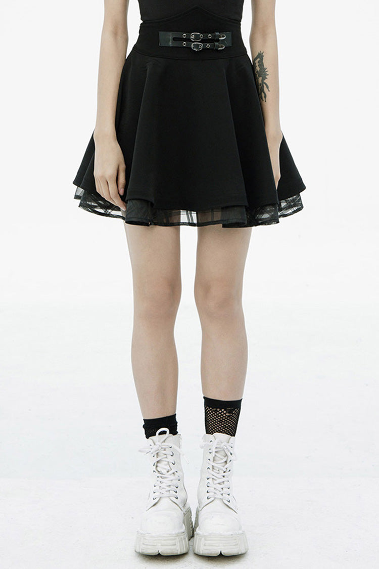 Women's Punk Skirt in Black with Metal Buckle Loops, High Waist & Mesh Splice