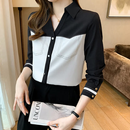 Elegant Colorblock Chiffon Shirt Workwear