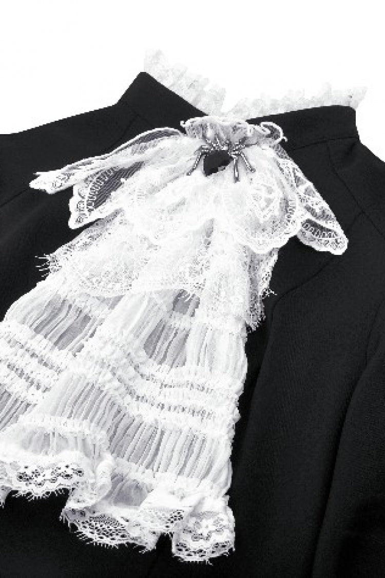 Monochrome Gothic Dress with Pleated Lace, Stand Collar, and Puff Sleeves