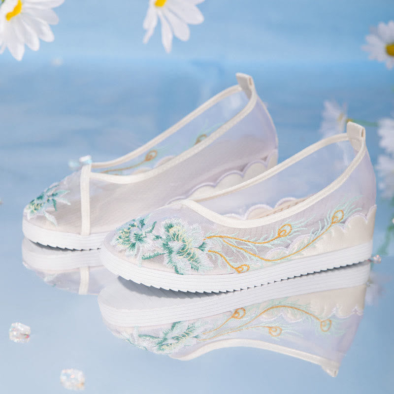 Blue Floral Embroidery Flat Mesh Shoes