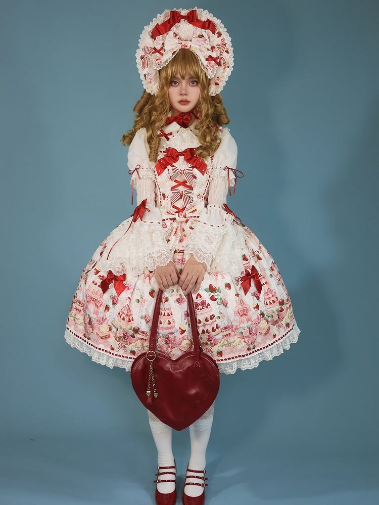 JSK Print Strawberry Sweet Accents and / Lolita White Set Bow Desserts Full