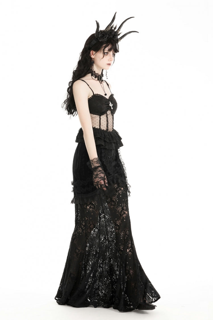 Obsidian Double-Layered Lace Ruffle Top with Spaghetti Straps - Gothic Sheer