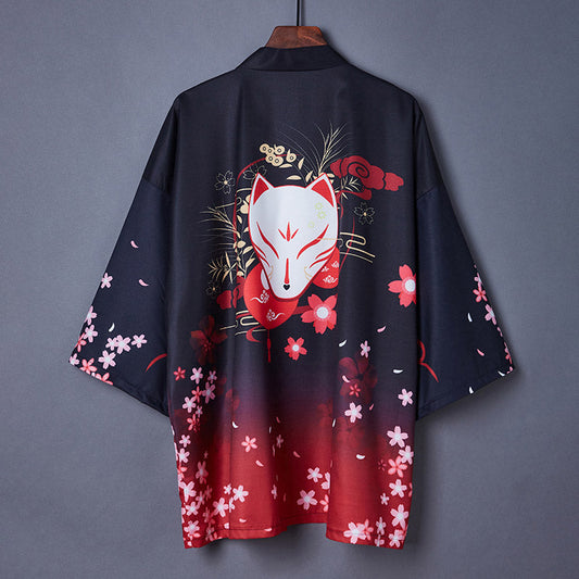 Charming Sakura Fox Print Kimono Outerwear