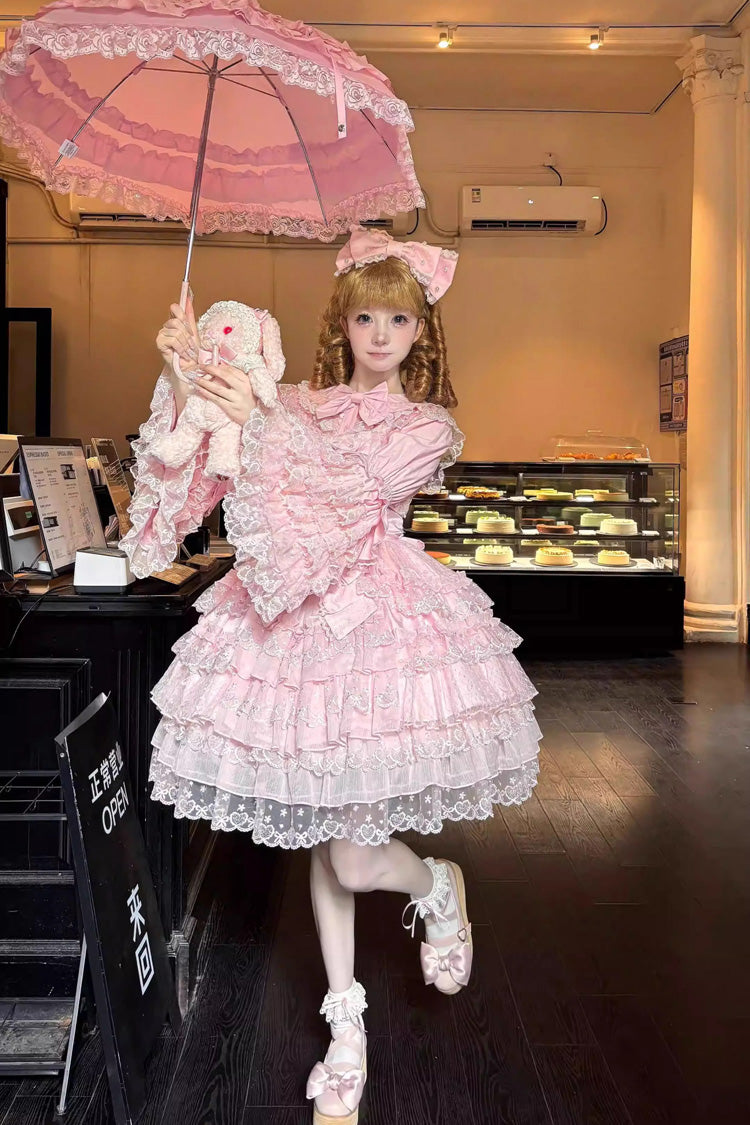 Pink Love Overture Multilayer Ruffled Bowknot Lace Sweet Lolita JSK