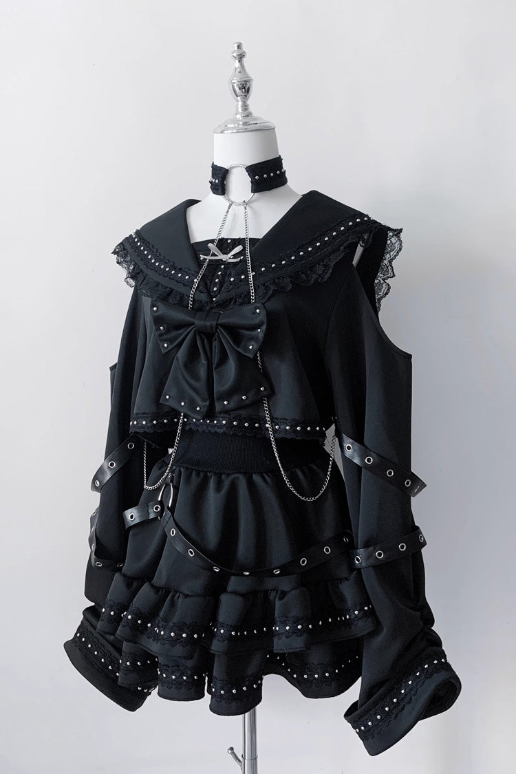 Navy Collar Long Sleeves Ruffled Bow Studded Gothic Jirai Kei Top and Skirt Set