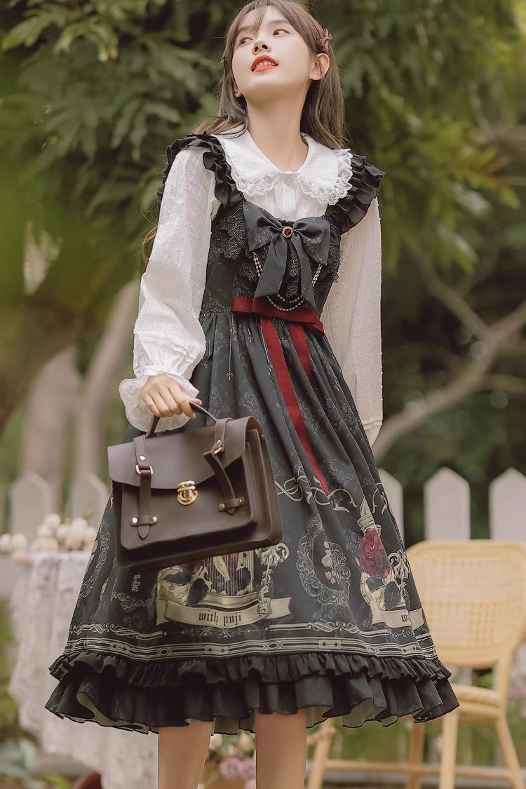 Black Birdcage Rose Print Dress - Gothic Princess