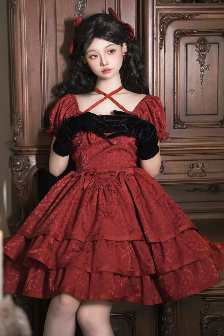 Red Thorn Rose Short Sleeve Multi-Layer Ruffle Bowknot Gothic Dress