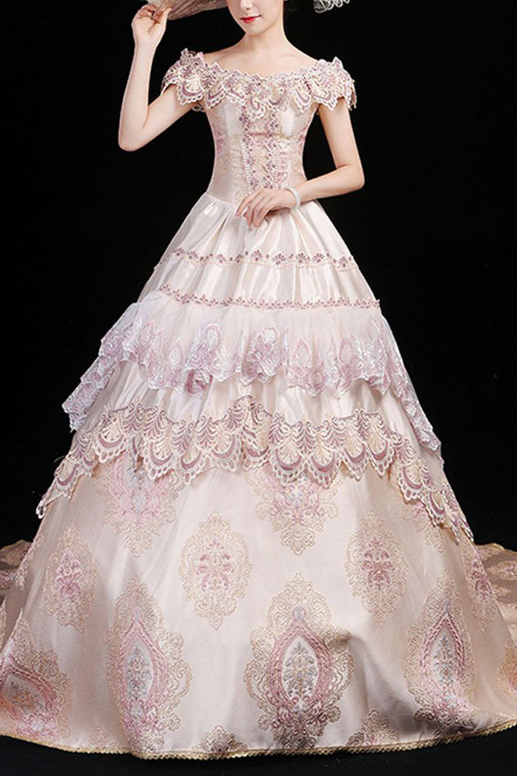Pink Victorian Dress with Boat Neck and Floral Embroidery - Altfashion Shop