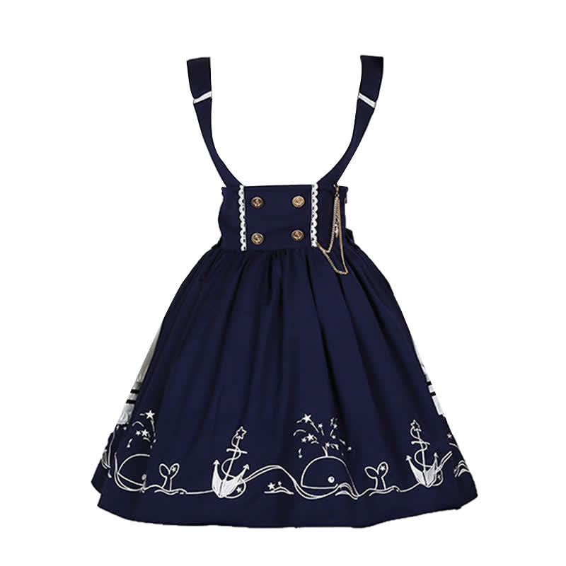 Sailor Collar Shirt Cartoon Dolphin Print Suspender Skirt