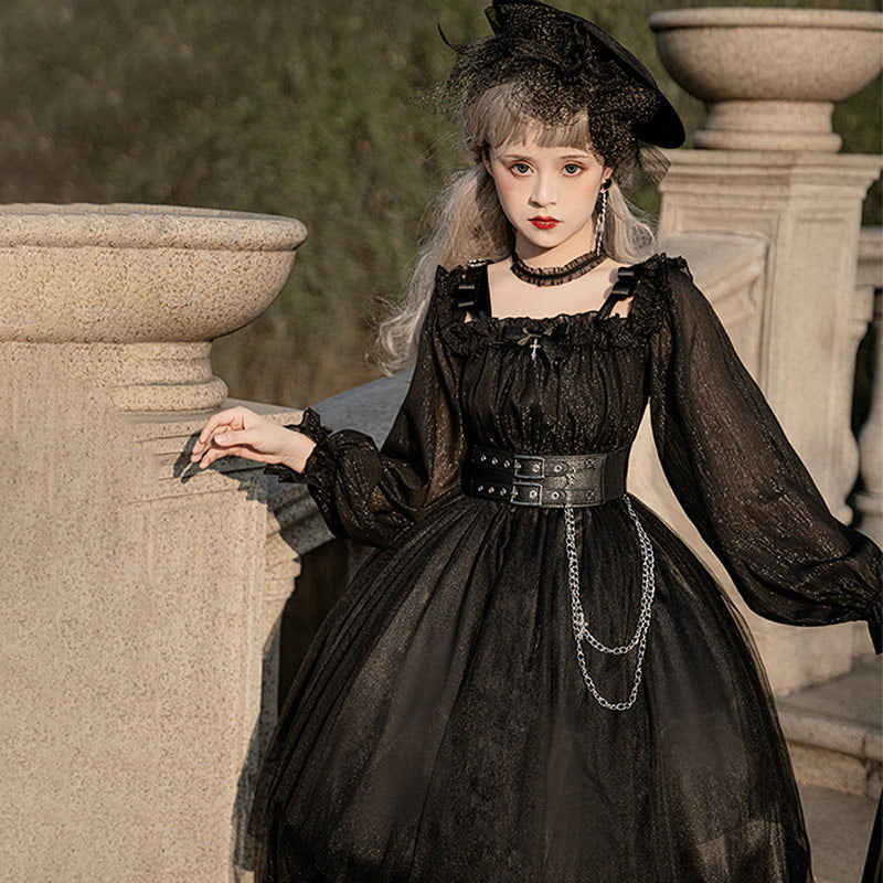 Black Chain Belt Long Sleeve Slip Lolita Dress