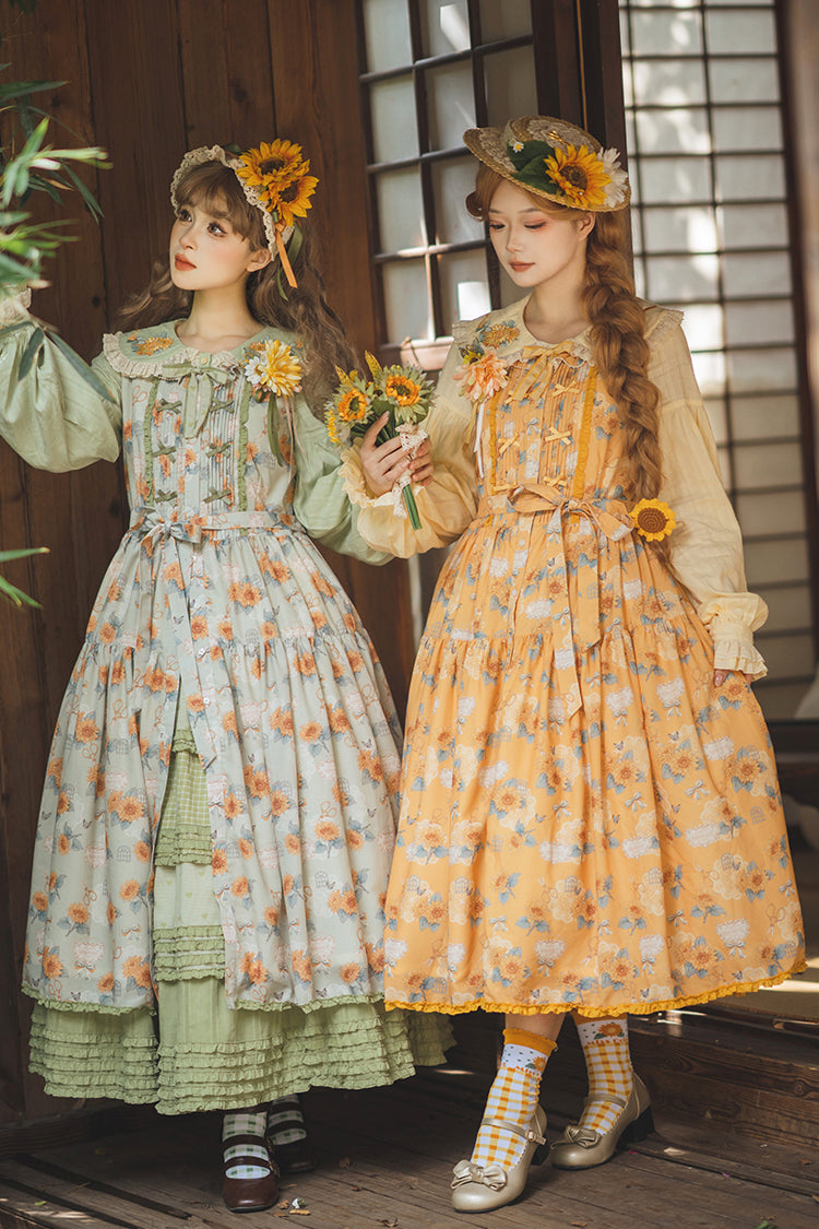 Yellow Sunflower Sleeveless Floral Bow Elegant Jsk Dress