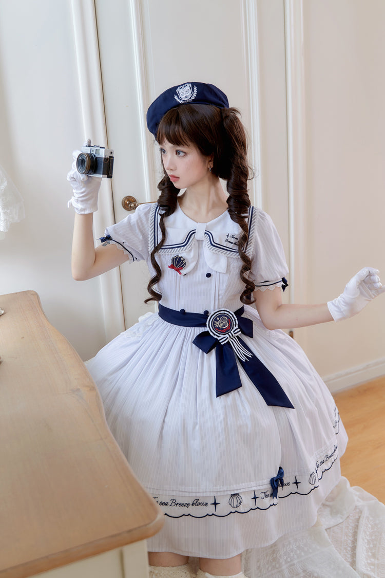 Navy Stripe Short Sleeve Ruffled Embroidery Sweet Lolita Dress