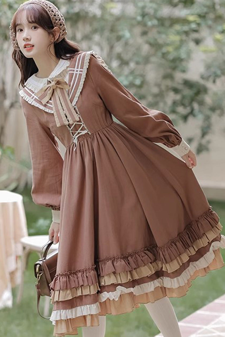 Brown Layered Dress with Ruffles - Sweet Lolita