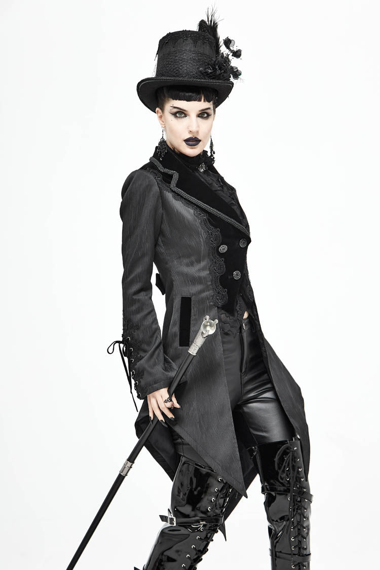 Women's Gothic Coat in Black with Decals, Metal Button Lace-Up Cuffs & Striped Jacquard