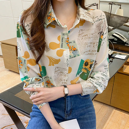 Chic Floral Letter Print Chiffon Shirt Workwear