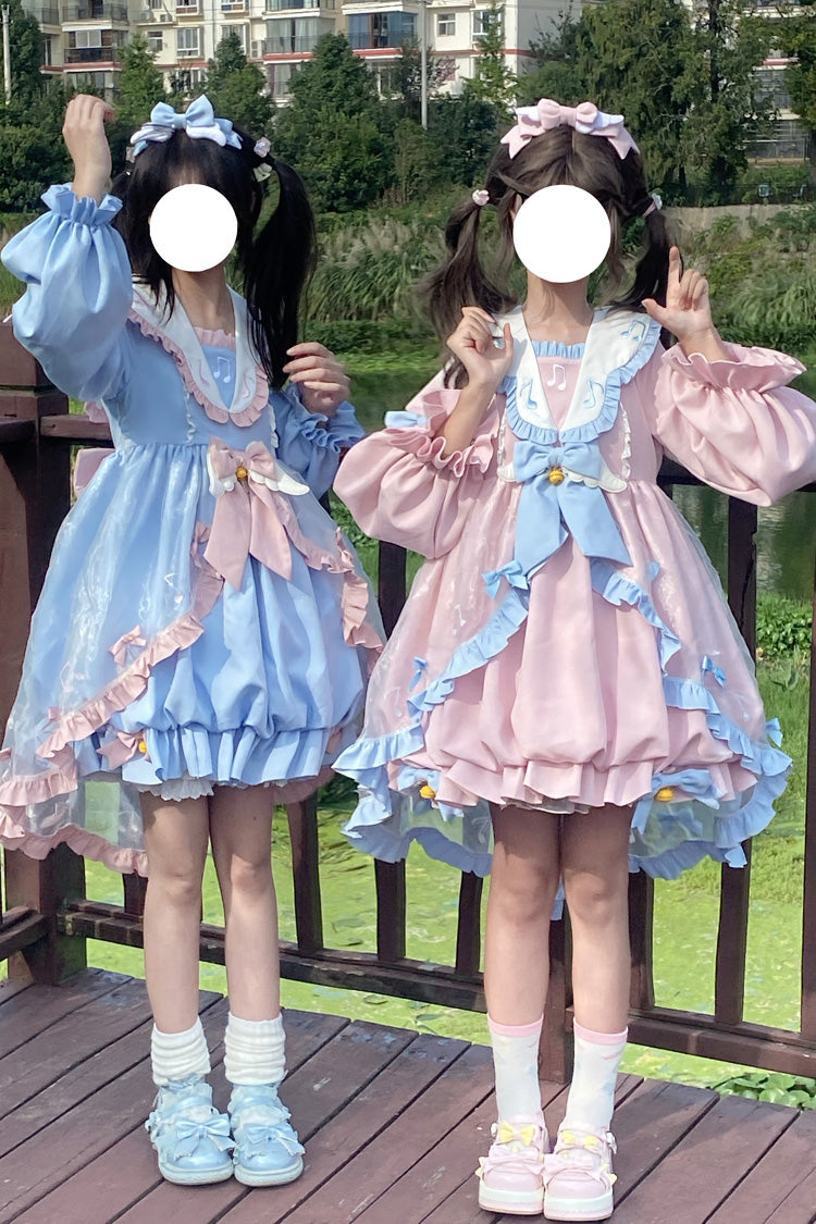 Music Note Print Blue Lace Sweet Lolita Dress with Bow