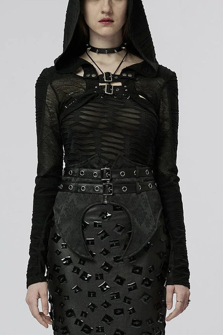 Women's Steampunk Jacket with Hollow Stretch-Knit Stitching Detachable Hooded Stripe Buckles