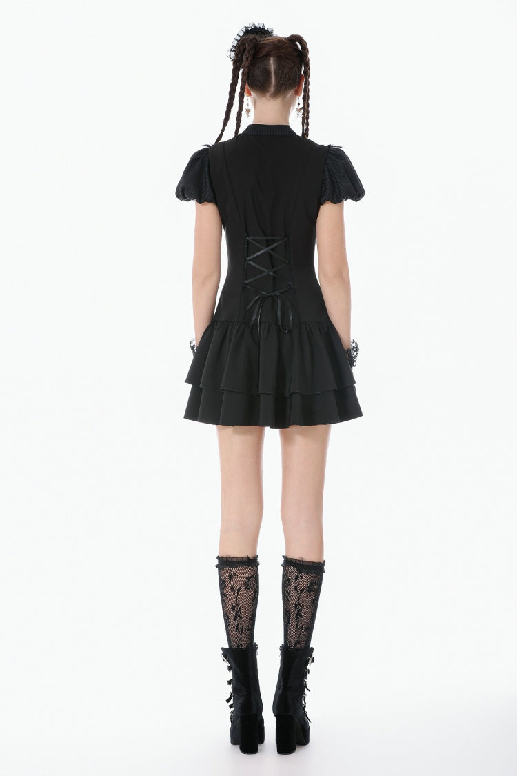 Black Short Sleeves Pleated Bow-Trim Lace Lace-Up Women's Lolita Gothic Dress