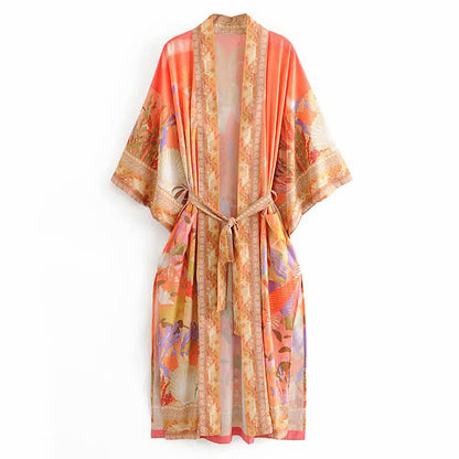 Floral Peacock Mermaid Print Robe Long Cardigan Outerwear