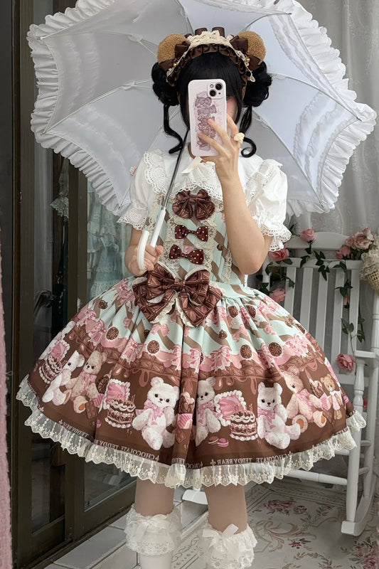 Chocolate Brownie Sleeveless Printed Ruffled Bow Lace Sweet Strap Dress