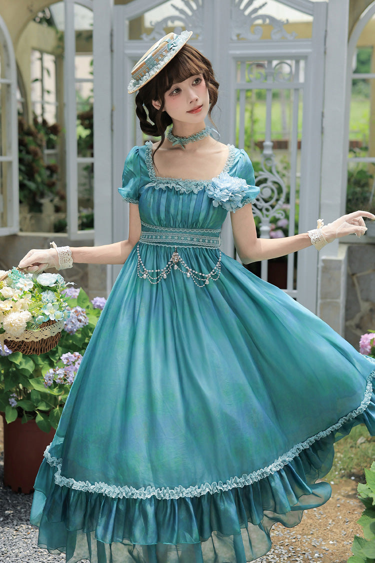 Water Lily Square Collar Ruffled Lace-Up Royal Lolita Dress