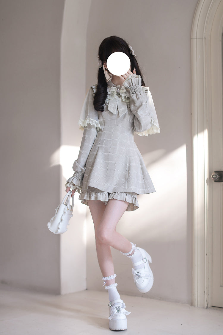 Light Brown Long Sleeve Plaid Print Ruffled Bow Jirai Kei Dress