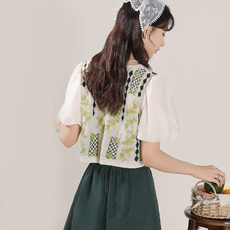 Green Graphic Embroidery Puff Sleeve T-Shirt High Waist Skirt