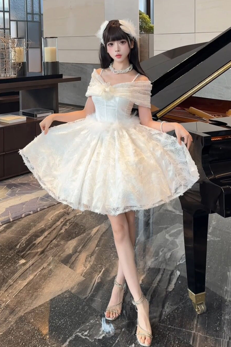 White Off Shoulder Jacquard Embroidered Bow Gothic Lolita Jsk Short Dress - Moonlight