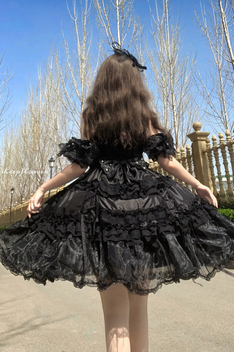 Black [Spring Cherry Snowfall] Off Shoulder Short Sleeves Multi-Layered Ruffled Bow Gothic Lolita Jsk Dress